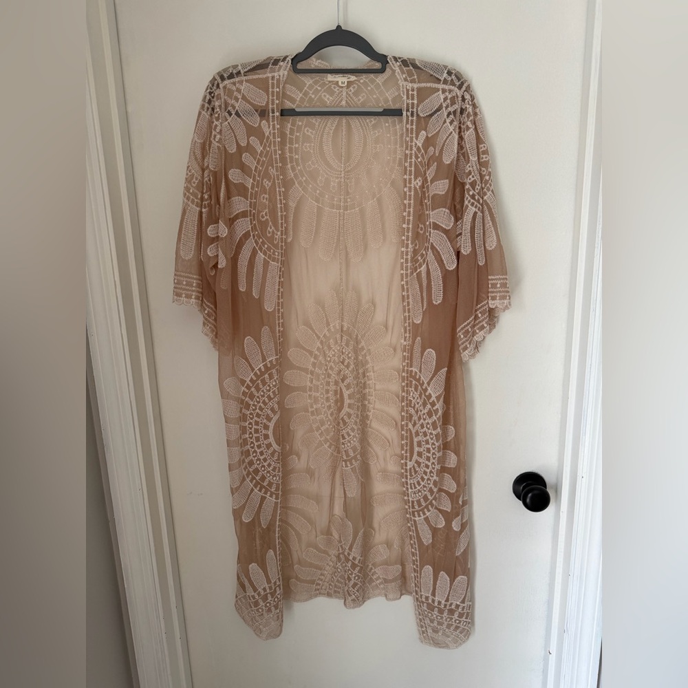 Rebellion Beige Sheer Embroidered Lace Kimono Swim Coverup Beachy Boho